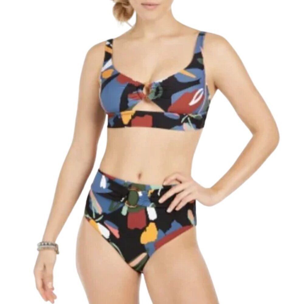 NEW Bar III Abstract Print Tortoise-Ring Bikini Top & High-Waist Bottoms Sz. M